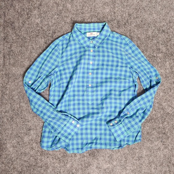 Vineyard Vines Capri Popover Shirt Women Size 8 Blue Gingham Plaid Three Color - Picture 1 of 7